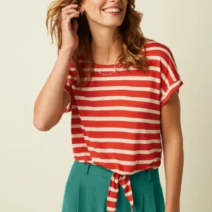 Aria Knot Shirt Marsy Linen Stripe - Sun Orange