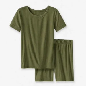 Moss Ribbed Bamboo Two Piece Short Sleeve Shorts Pajama Set