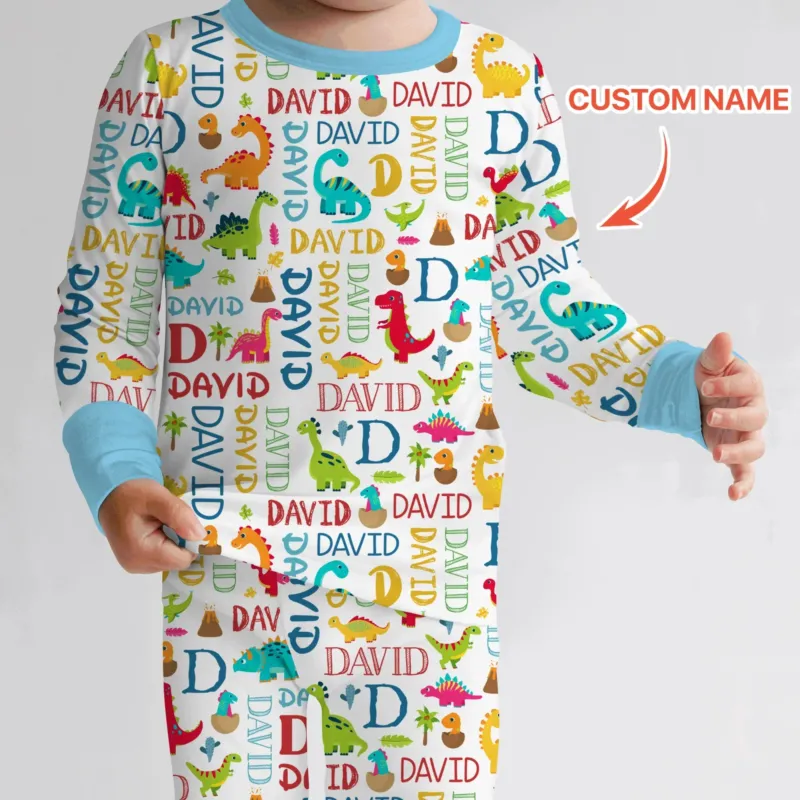 Personalized Fantasy Dinosaur Word Bamboo Two Piece Long Sleeve Pajama Set