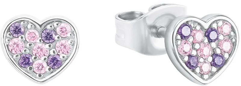 Ohrstecker Herz silbern mit violetten und rosafarbenen Steinchen