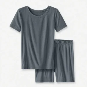 Slate Ribbed Bamboo Two Piece Short Sleeve Shorts Pajama Set