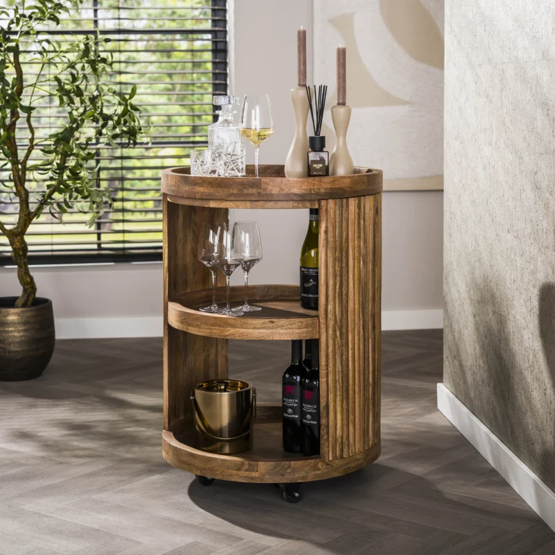 WAVE Ablagetisch Beistelltisch Weintrolley rund mit Rollen/ Massiv Mango sand