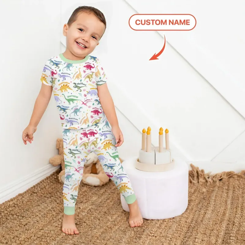 Dino Roar Custom Name Bamboo Two Piece Short Sleeve Pajama Set