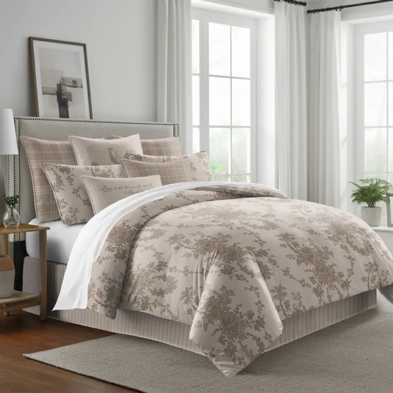 Country Lane COUNTRY LANE COVERLET SET - MADE IN CANADA set on bed with crimson ivy and rose toile pattern, handcrafted in Canada