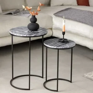 ELEMENTS Design Beistelltisch 2er Set 40cm grau Marmor schwarzes Gestell rund