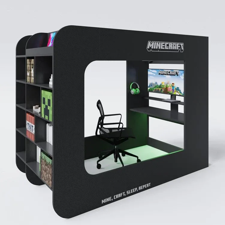 Minecraft Gaming-Hochbett „BaseCamp XL“ mit Schreibtisch & Regal