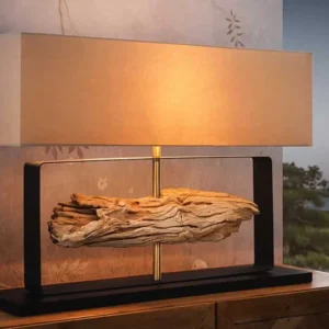 Handgefertigte Tischlampe ROUSILIQUE 80cm natur Eisenholz beige mit Lampenschirm