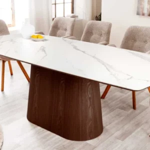 UNIQUE Design Esstisch 200cm weiß Walnuss Keramik Marmor Säulenfuß