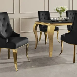 Design Stuhl MODERN BAROCK DELUXE schwarz Samt gold Edelstahl mit Löwenkopf