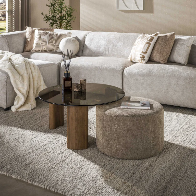 TINTO Couchtisch rund Pouf Set aus 2 / Bronzefarbenes Glas