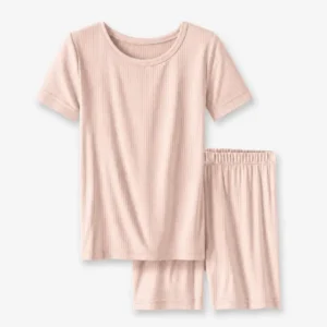 Blush Ribbed Bamboo Two Piece Short Sleeve Shorts Pajama Set