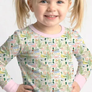 Whimsical Mallard Duck Bamboo Two Piece Long Sleeve Pajama Set