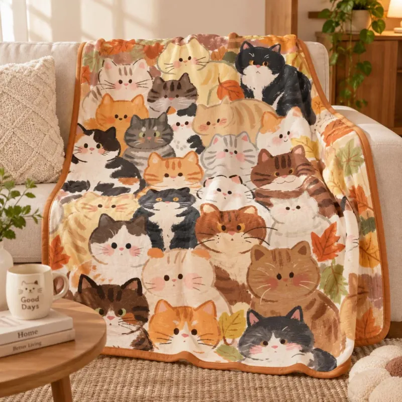 Autumn Cat Gathering Bamboo Blanket