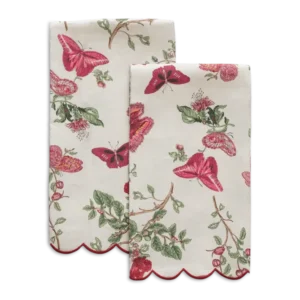 Matouk Baudin Butterfly printed linen guest towels, ivory with crimson butterfly floral print, scalloped edge.