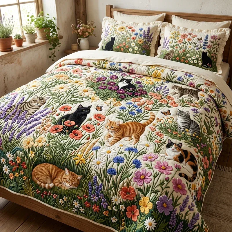 Bloomsbury Cat Garden Bamboo Quilt Bedding Set