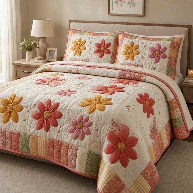 Blush Flora Bamboo Quilt Bedding Set