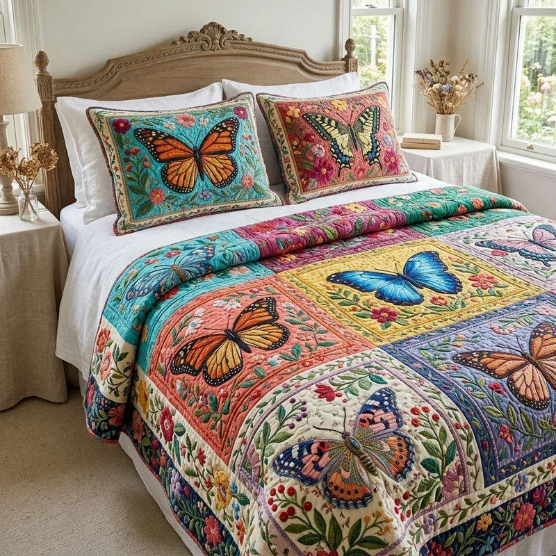 Boho Rainbow Flutter Bamboo Quilt Bedding Set