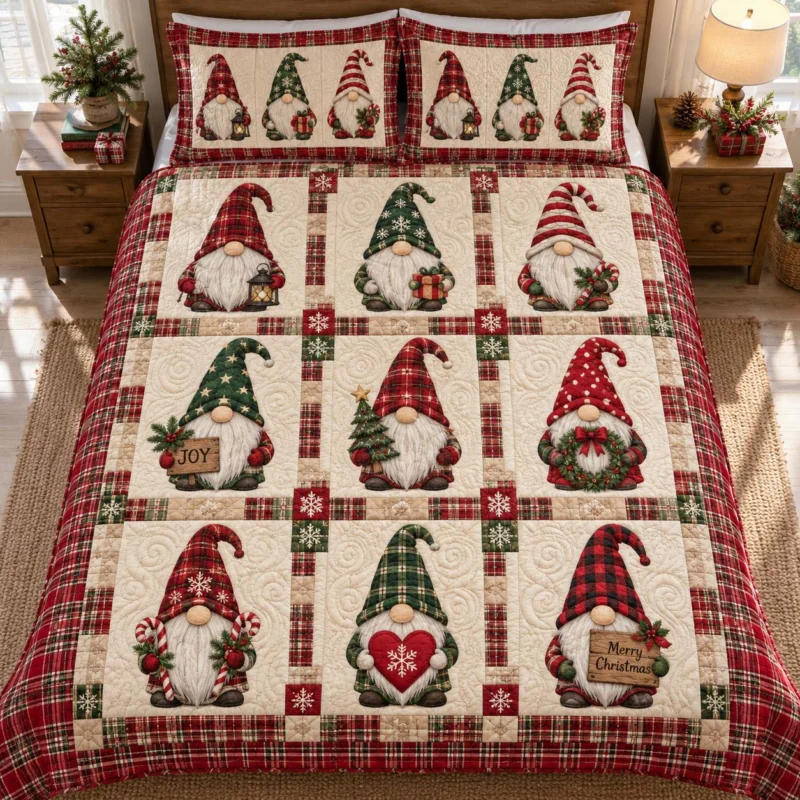 Christmas Gnome Patchwork Bamboo Quilt Bedding Set