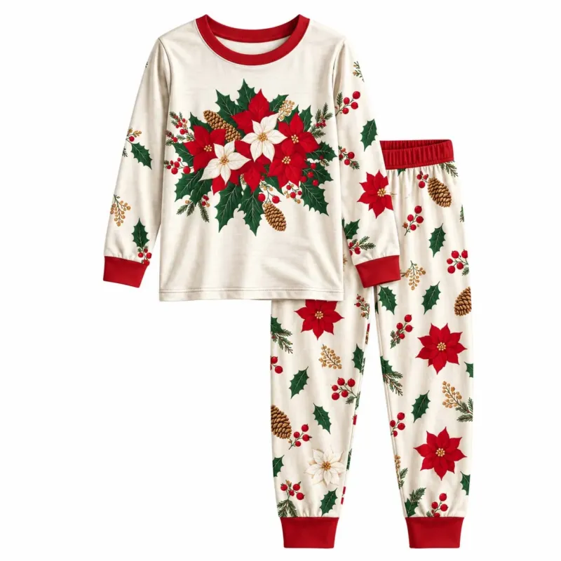 Christmas Poinsettia Holly Bouquet Bamboo Two Piece Long Sleeve Pajama Set – Bild 2