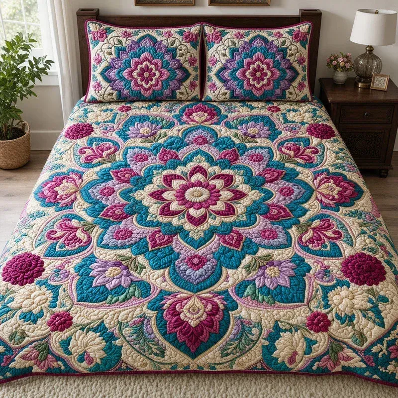 Classic Dahlia Mandala Bamboo Quilt Bedding Set