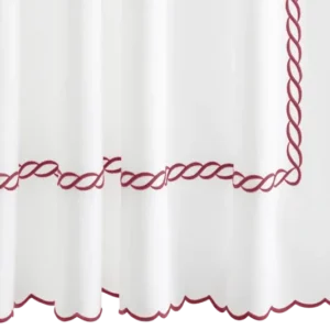 Matouk Classic Chain Scallop shower curtain in white with crimson embroidery.