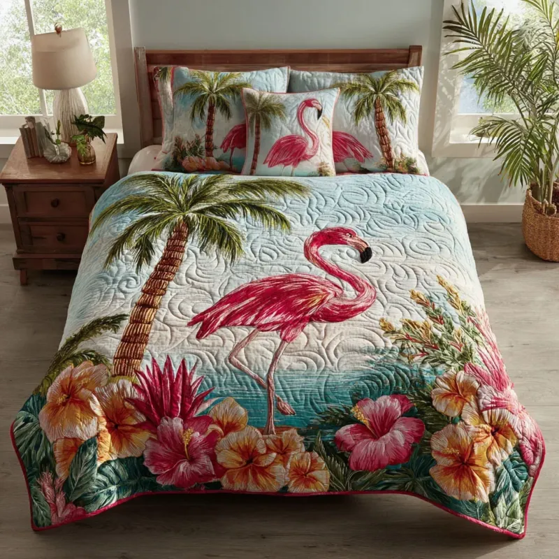 Coastal Flamingo Bamboo Quilt Bedding Set