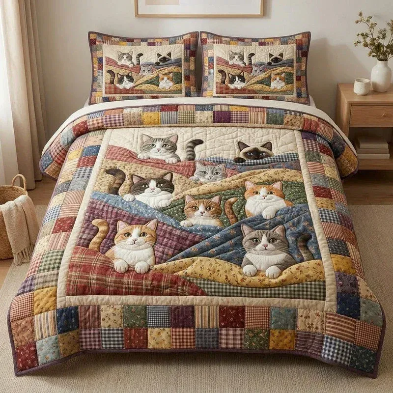 Cozy Patchwork Whiskers Bamboo Quilt Bedding Set