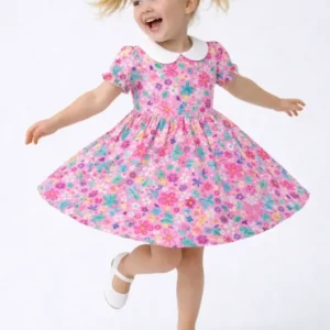 Cute Colorful Flowers Ditsy Balloon Bamboo Peter Pan Collar Dress