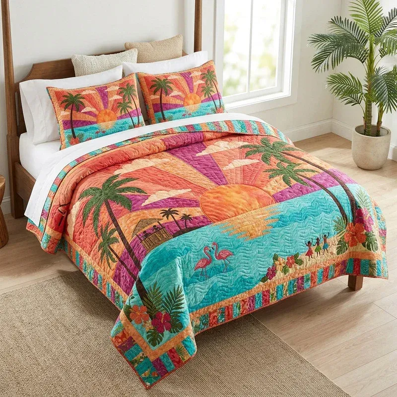 Flamingo Sunset Tropical Bamboo Quilt Bedding Set