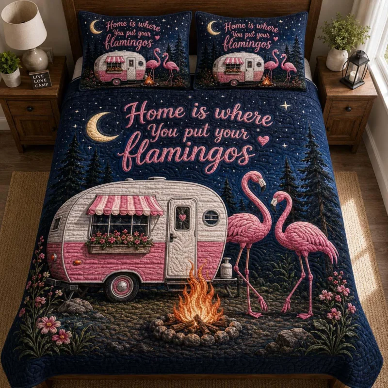 Flamingo Camping Bamboo Quilt Bedding Set