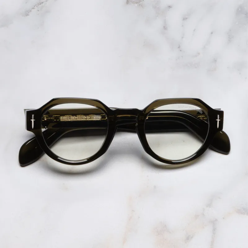 An image of the The Great Frog Lucky Diamond I Round Glasses in Olive frame frontal view with arms closed marble background