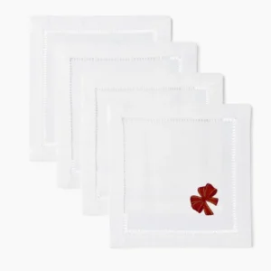 Henry Handwork white linen cocktail napkins with hemstitching and red bow embroidery, set of 4.