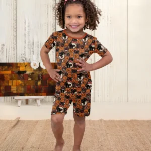 Vintage Halloween Black Cat Pumpkin Bamboo Two Piece Short Sleeve Shorts Pajama Set