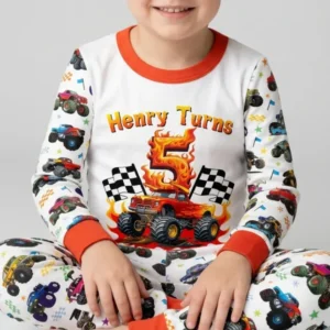 Monster Truck Birthday Boy Custom Name & Age Bamboo Two Piece Long Sleeve Pajama Set