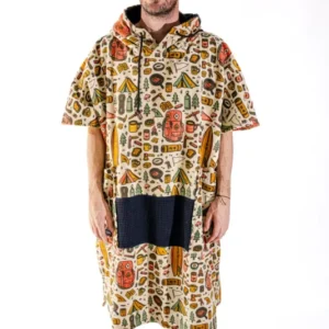 Poncho surf adulte ALL-IN Surf Camp vue de face, motif camping coloré, bande waffle noire au centre