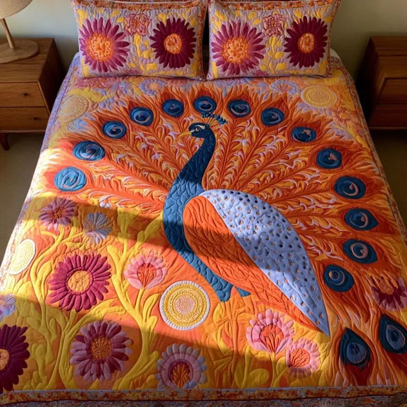 Sunset Floral Peacock Garden Bamboo Quilt Bedding Set