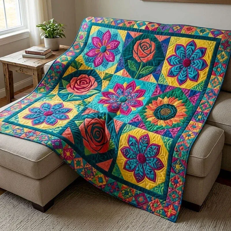 Vibrant Retro Bloom Bamboo Quilt Blanket