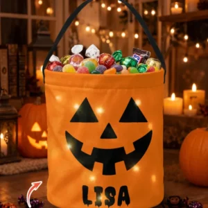 Halloween Pumpkin Face Custom Name Led Light Bucket Bag