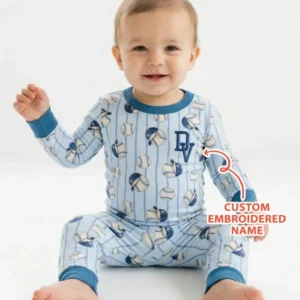 Custom Embroidered Baseball Bamboo Two Piece Long Sleeve Pajama Set