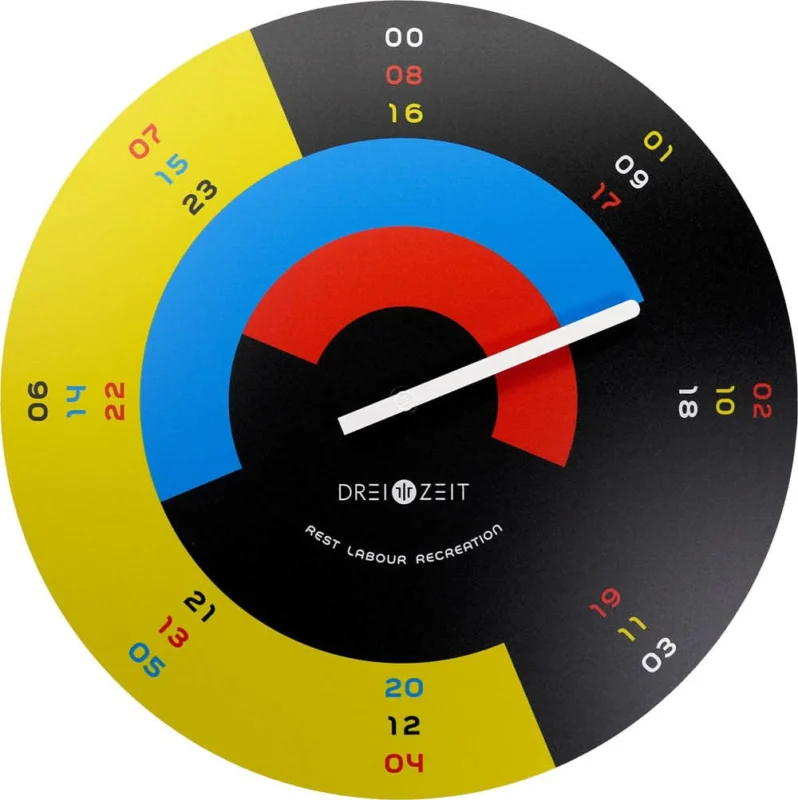 Runde Wanduhr mit schwarzem Ziffernring, gelb-blauen Segmenten und weißen Zeigern