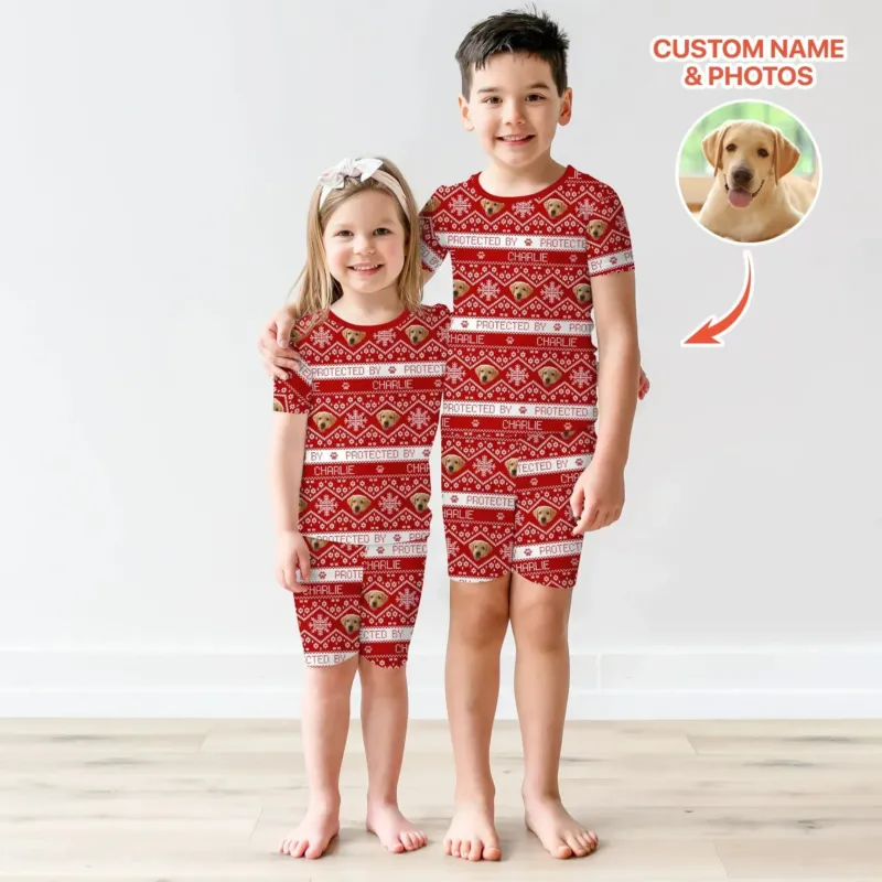 Custom Dog Photo Fair Isle Christmas Two Piece Short Sleeve Shorts Pajama Set , Custom Dog Photo Fair Isle Christmas Two Piece Short Sleeve Shorts Pajama Set - 12-18M