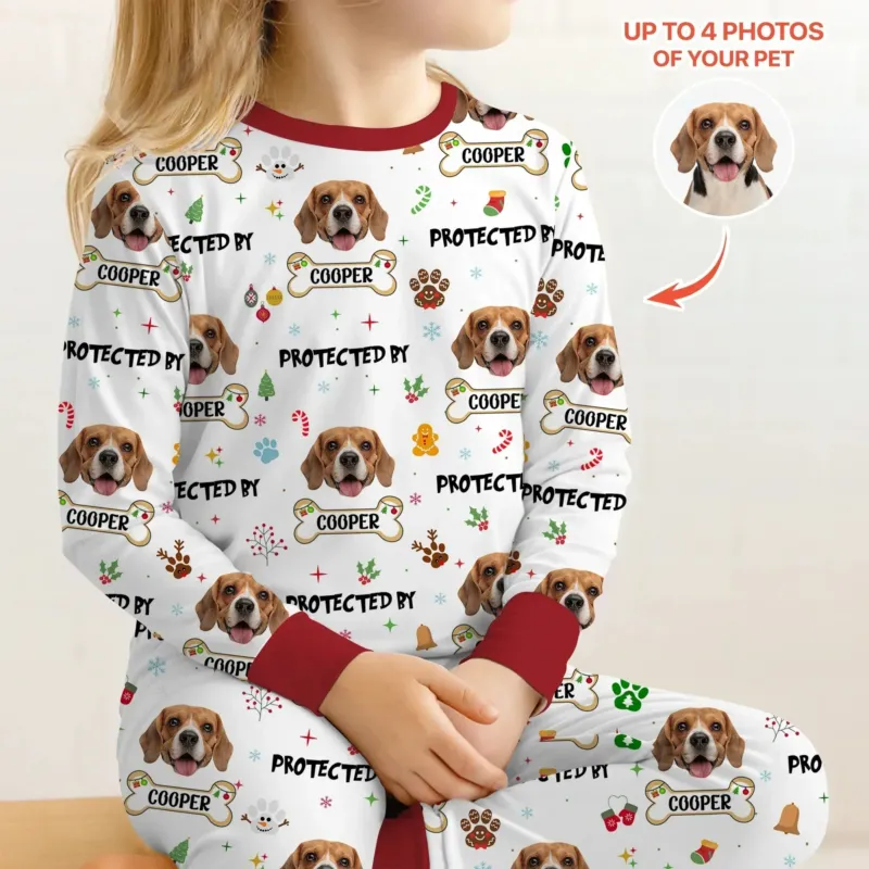 Custom Dog Photo "Protected By" Christmas Two Piece Long Sleeve Pajama Set , Custom Dog Photo "Protected By" Christmas Two Piece Long Sleeve Pajama Set - 12-18M