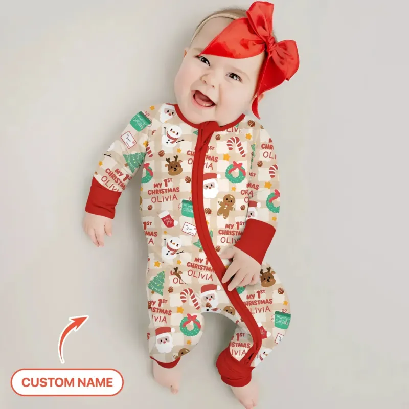 Custom Name My First Christmas Mocha Gingham Convertible Zippy , Custom Name My First Christmas Mocha Gingham Convertible Zippy - 0-3M