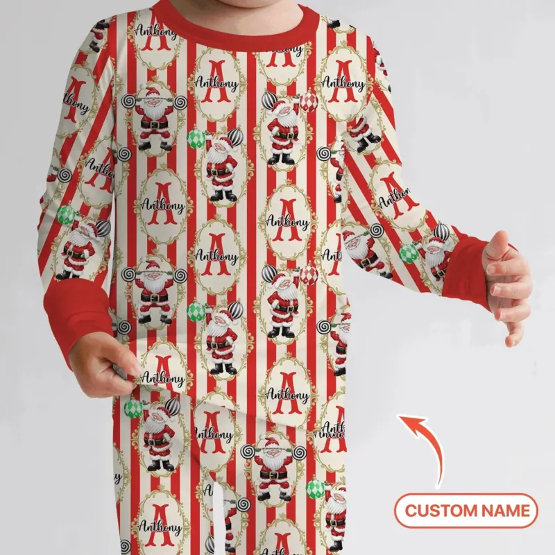 Custom Name Santa Stripes Two Piece Long Sleeve Pajama Set , Custom Name Santa Stripes Two Piece Long Sleeve Pajama Set - 12-18M