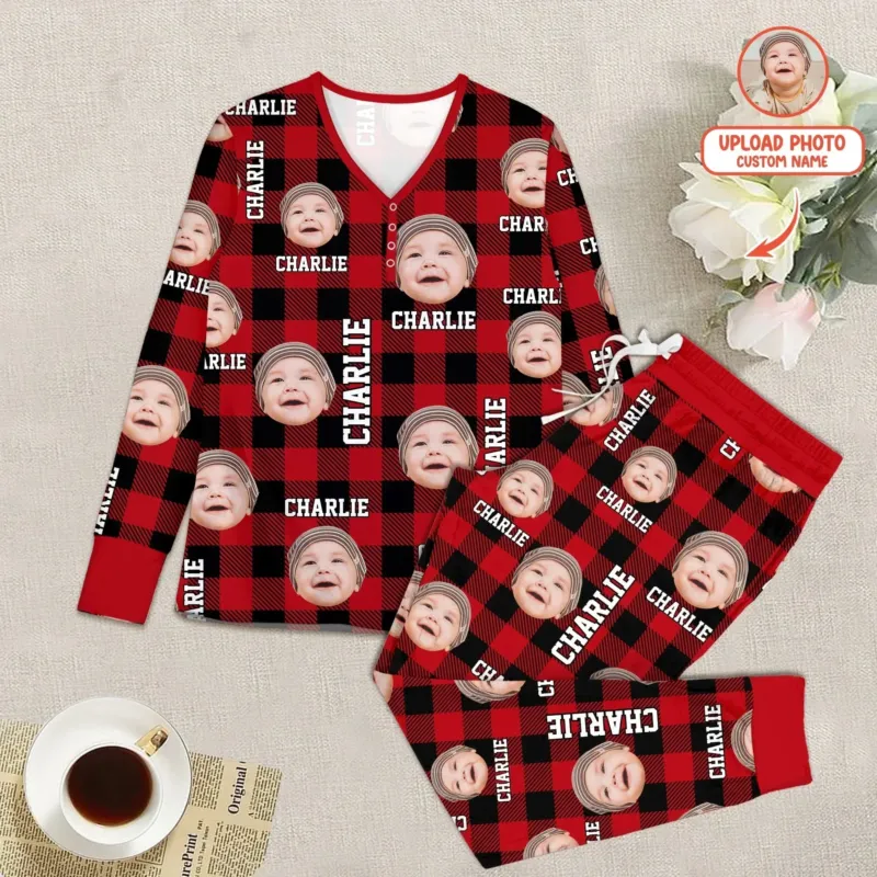 Custom Photo & Name Christmas Plaid Women Pajama Set , Custom Photo & Name Christmas Plaid Women Pajama Set - Combo Shirt & Pants / S