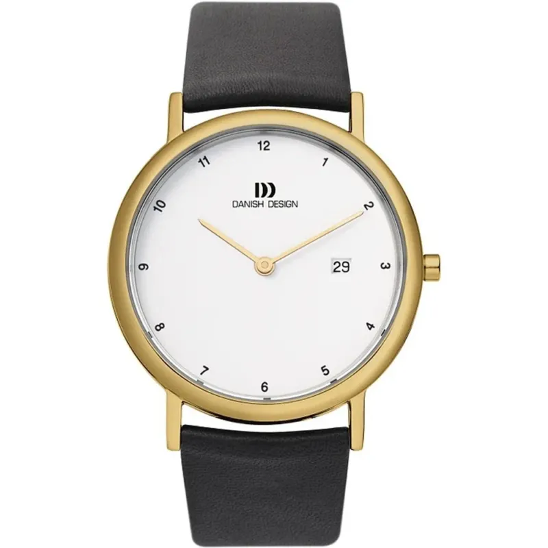 Herrenarmbanduhr von Danish Design mit goldfarbenem Titan-Gehäuse, weißem Zifferblatt, Lederband und Datum