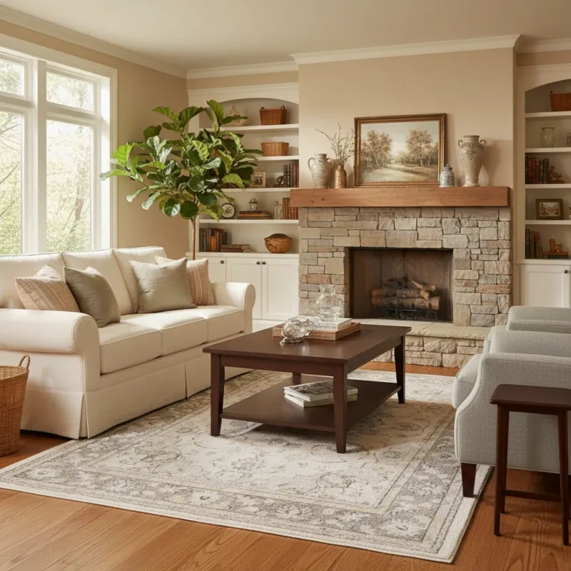 Traditional Persian floral medallion area rug in cream, ivory, and soft grey-green tones styled in a family room under a coffee table and sofa — classic botanical border design