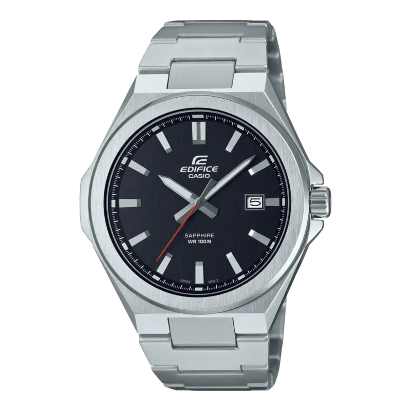 Casio Edifice Herrenuhr mit schwarzem Zifferblatt, Saphirglas und Stahlarmband