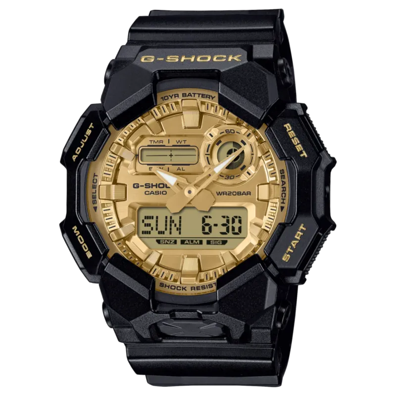 G-Shock Herrenuhr mit Ana-Digi-Anzeige, schwarzem Gehäuse und goldfarbener Lünette