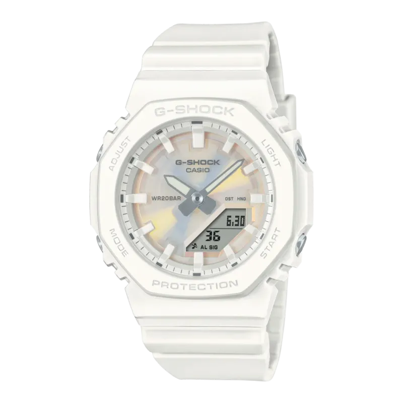 Casio G-Shock Damenuhr mit weißem Resinband und Ana-Digi Zifferblatt